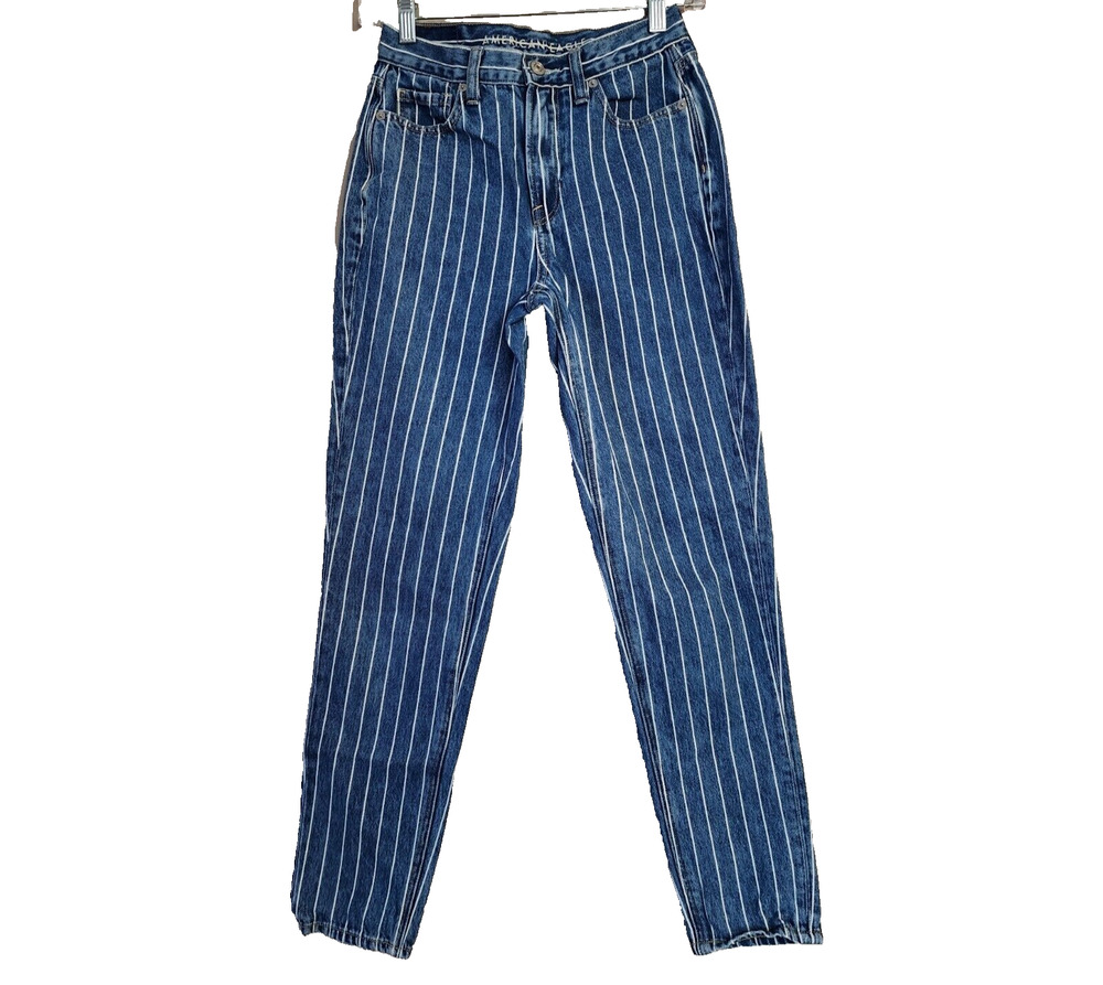 American Eagle Womens Mom Jeans Size 00 Blue White Striped Tapered High Rise